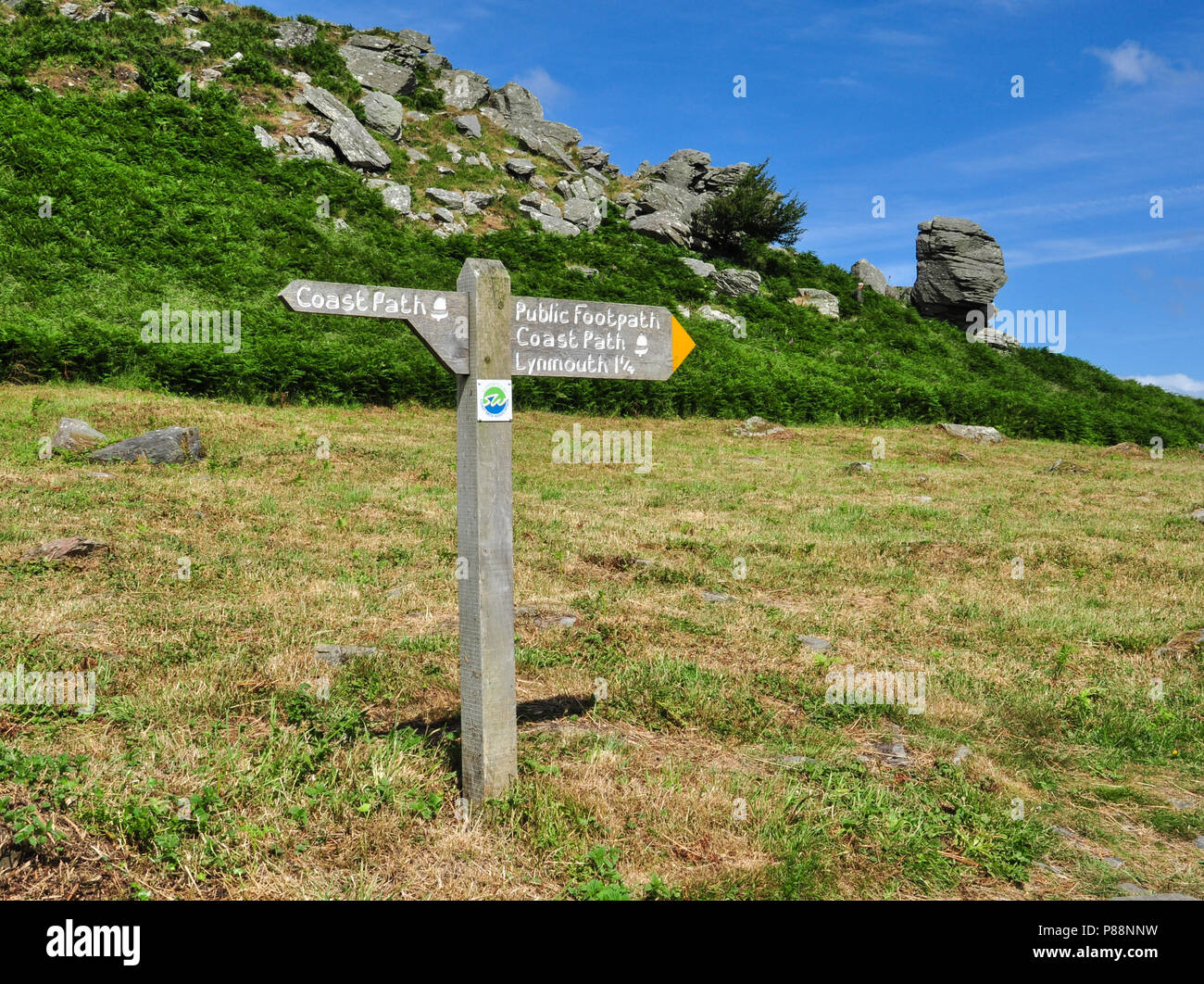 Coast path walking sign, 'Valley of the Rocks' near Lynton, North Devon, England, UK Stock Photo
