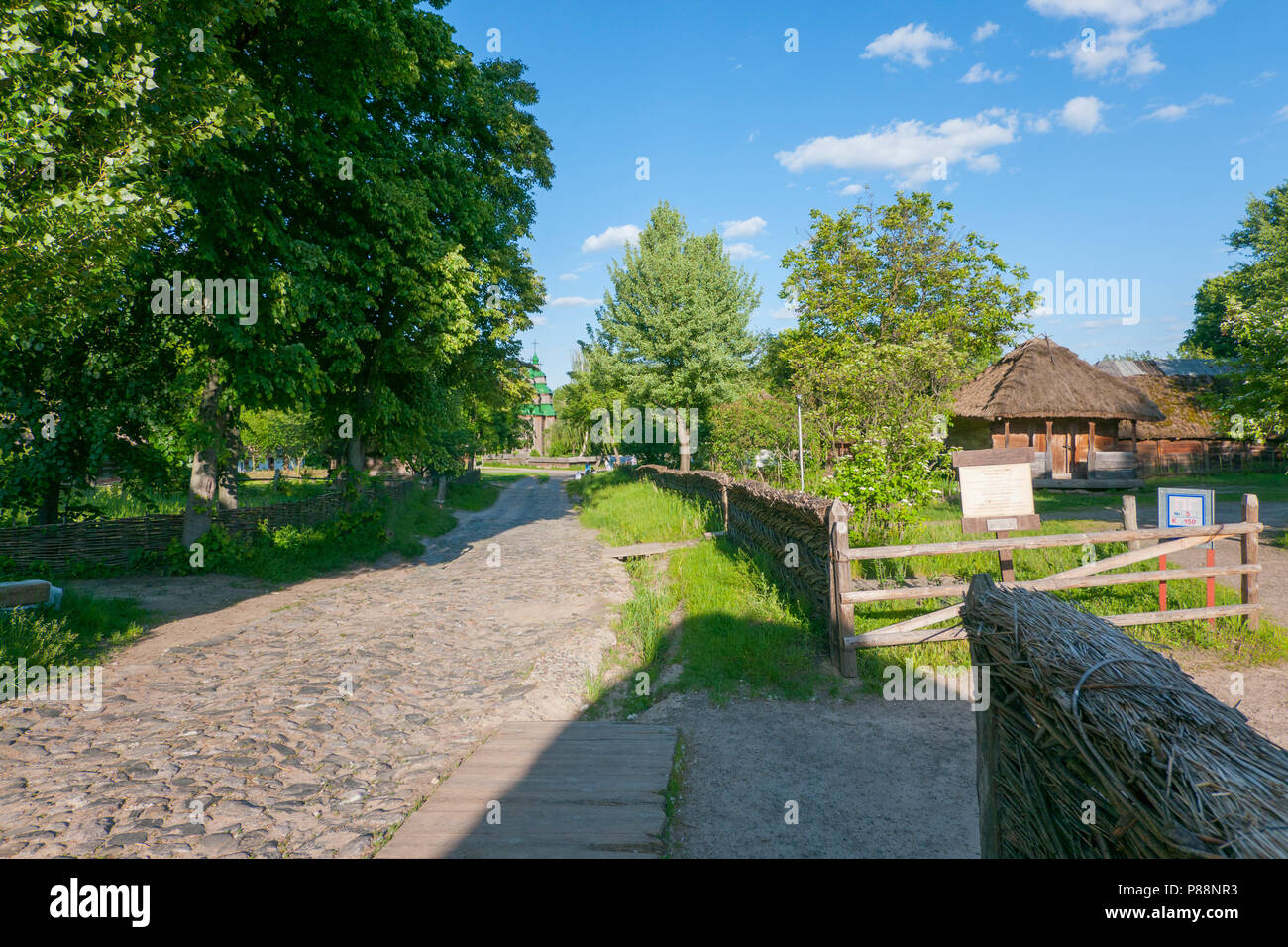 An ancient rural street with a road paved with cobblestones with wooden houses standing in courtyards fenced with a wattle fence with tall trees growi Stock Photo