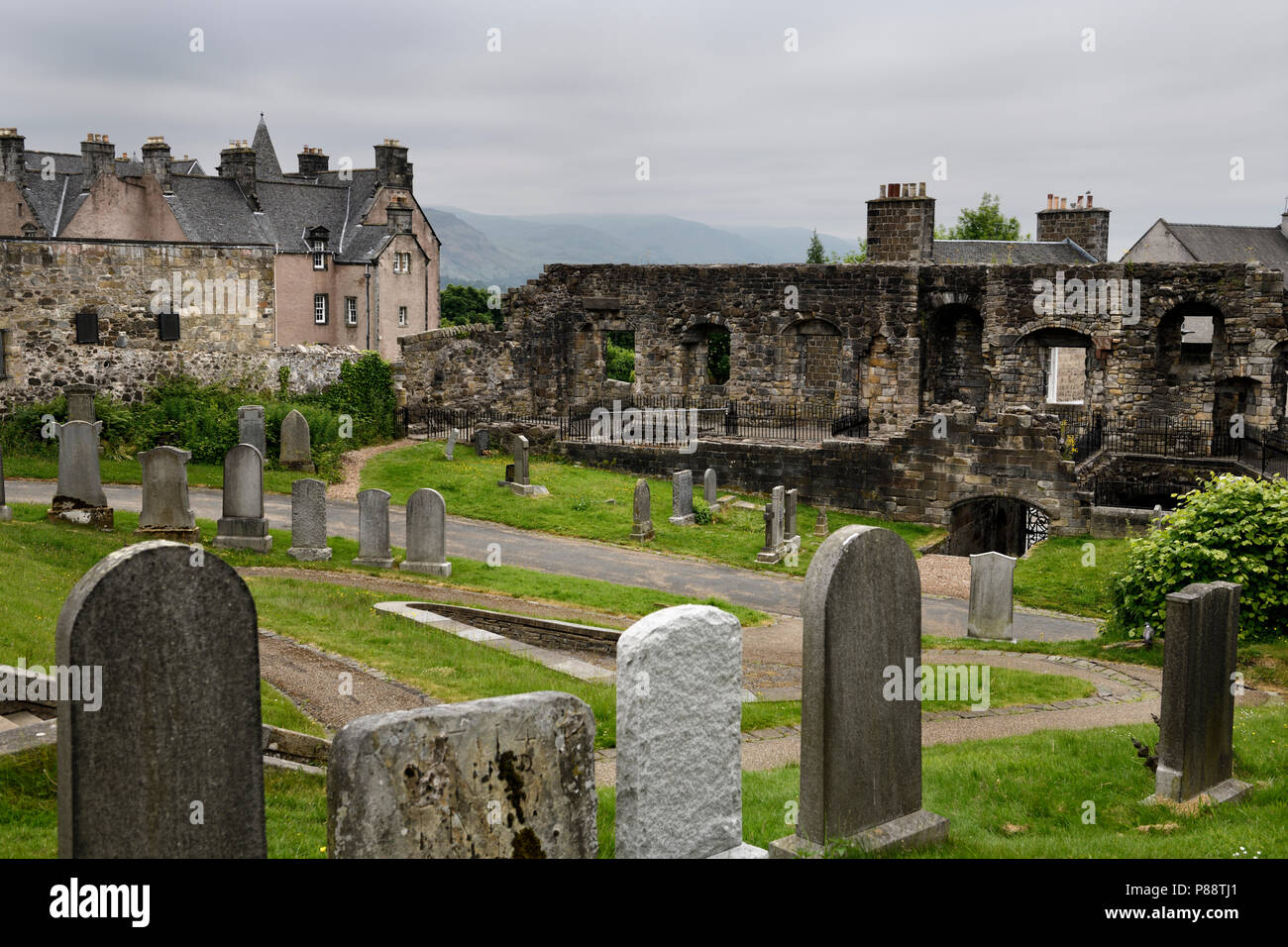 16th Century Mar's Wark stone townhouse ruins at Royal Old Town cemetery at the Church of the Holy Rude on Castle Hill Stirling Scotland UK Stock Photo