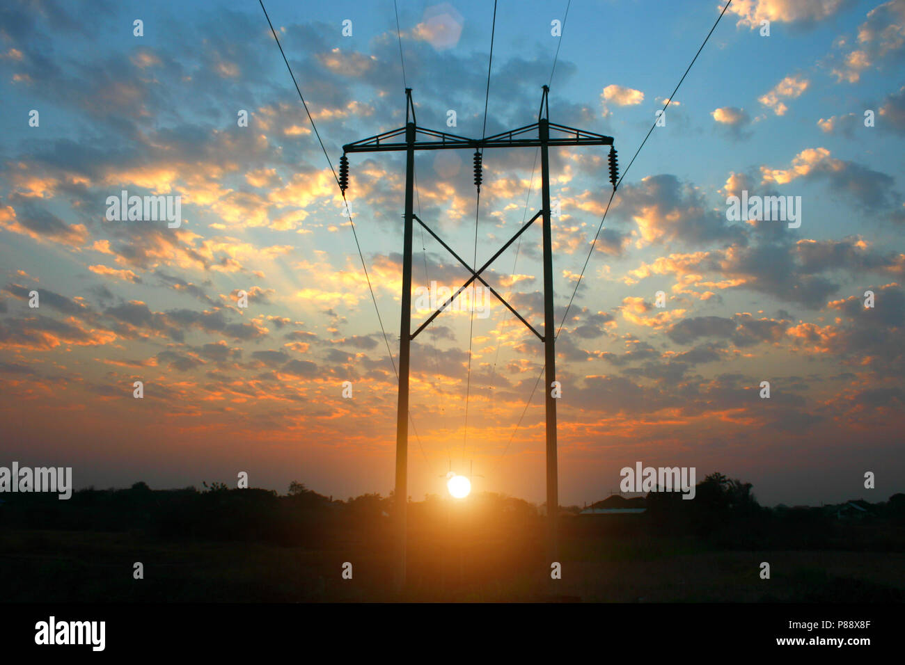 transmission power line on sunset, transmission tower, silhouette ...