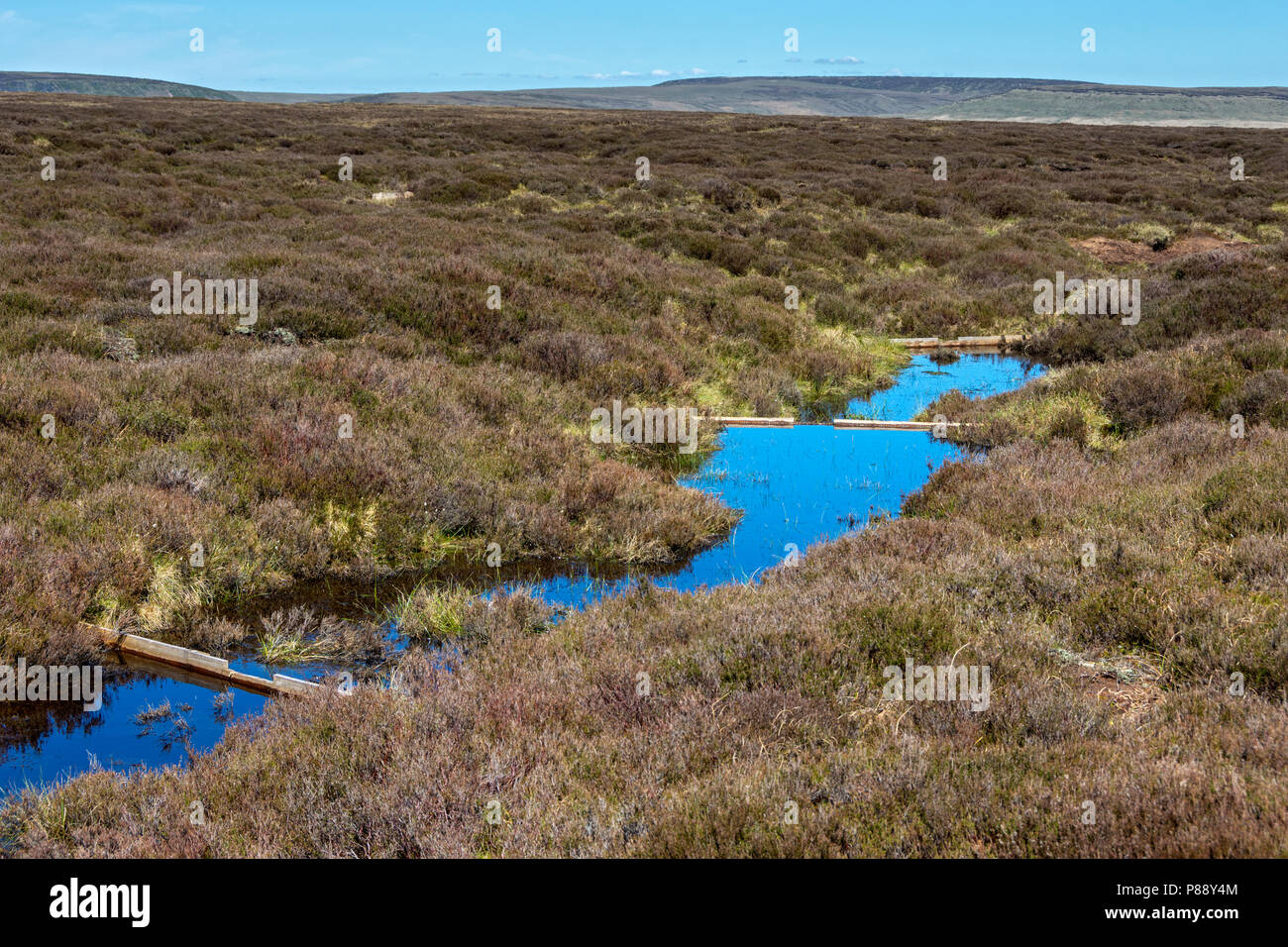 Small dams built to reduce peat erosion and increase water retention, on the Bleaklow plateau, near Glossop, Peak District, Derbyshire, England, UK. Stock Photo