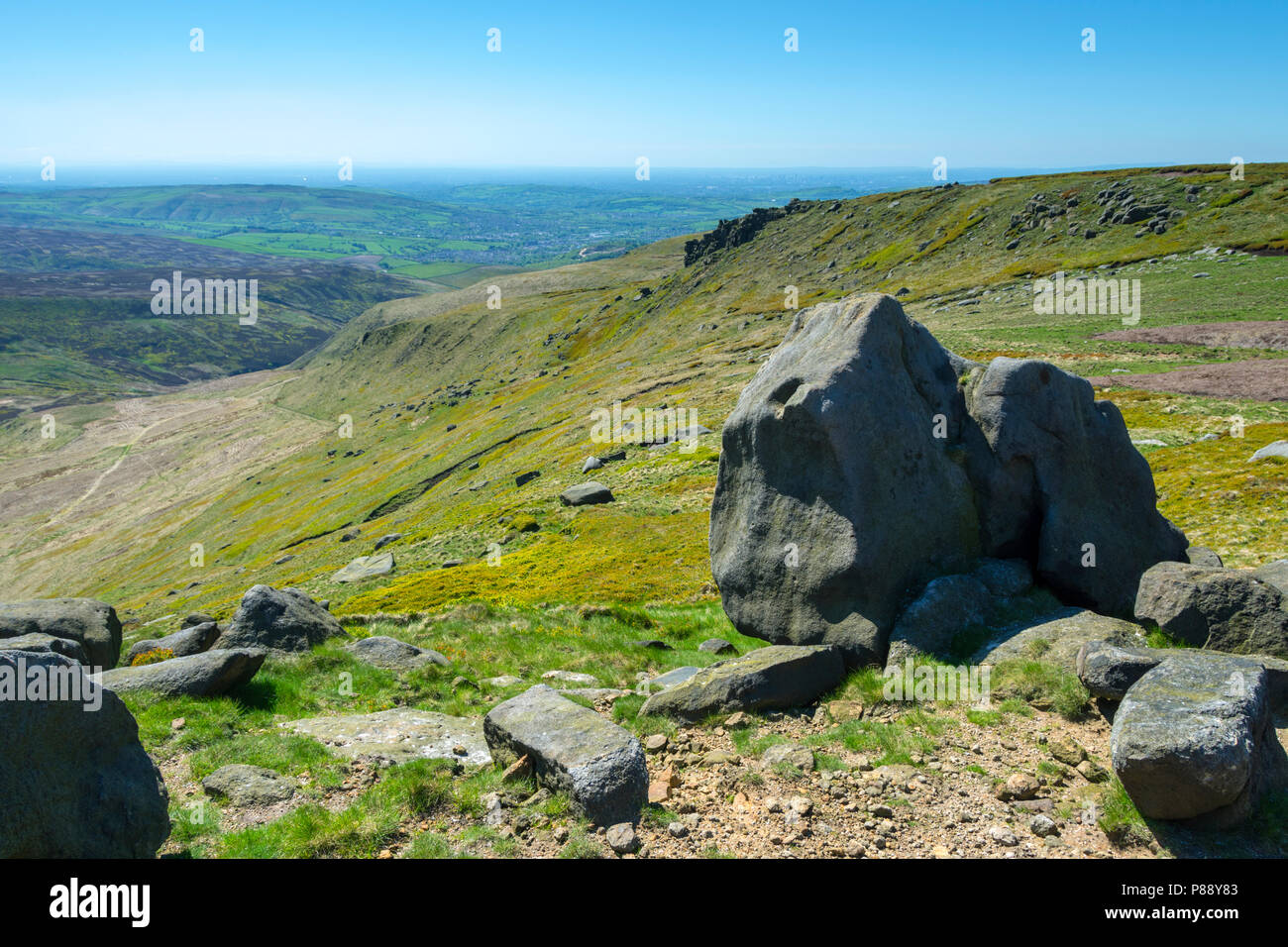 Shelf Moor from Higher Shelf Stones on the Bleaklow plateau above Glossop, Peak District, Derbyshire, England, UK. Stock Photo