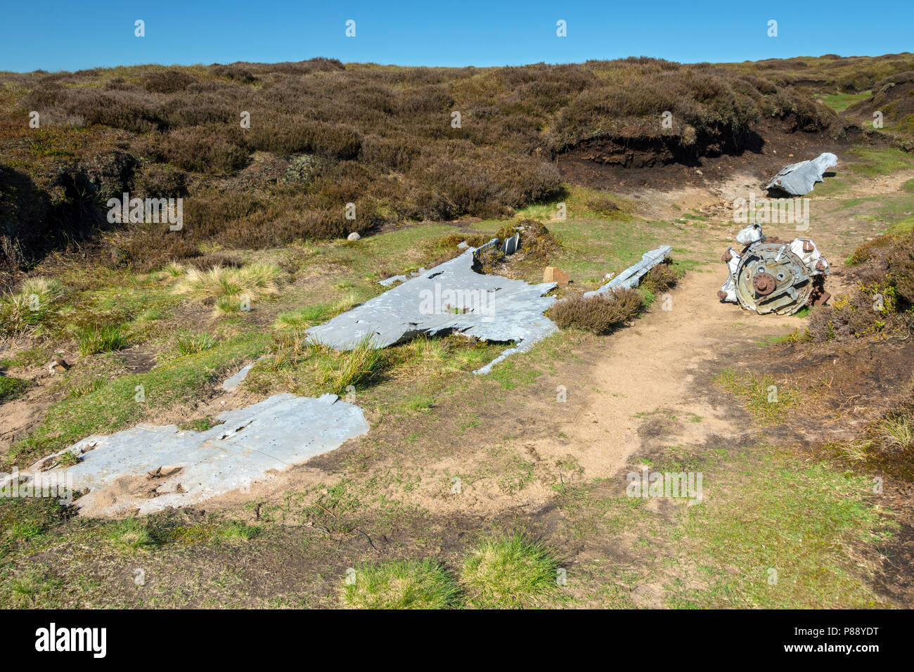 Remains of a US Liberator aircraft which crashed in 1944, on Mill Hill, near Glossop, Peak District, Derbyshire, England, UK. Stock Photo
