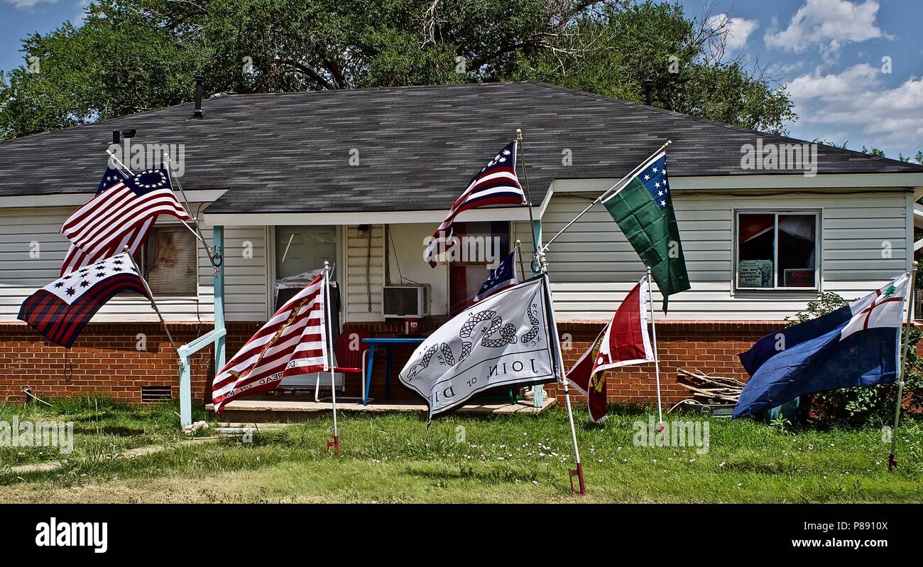 My Fourth of July Flag Display of Revolutionary War Flags, Canyon, Texas. Stock Photo