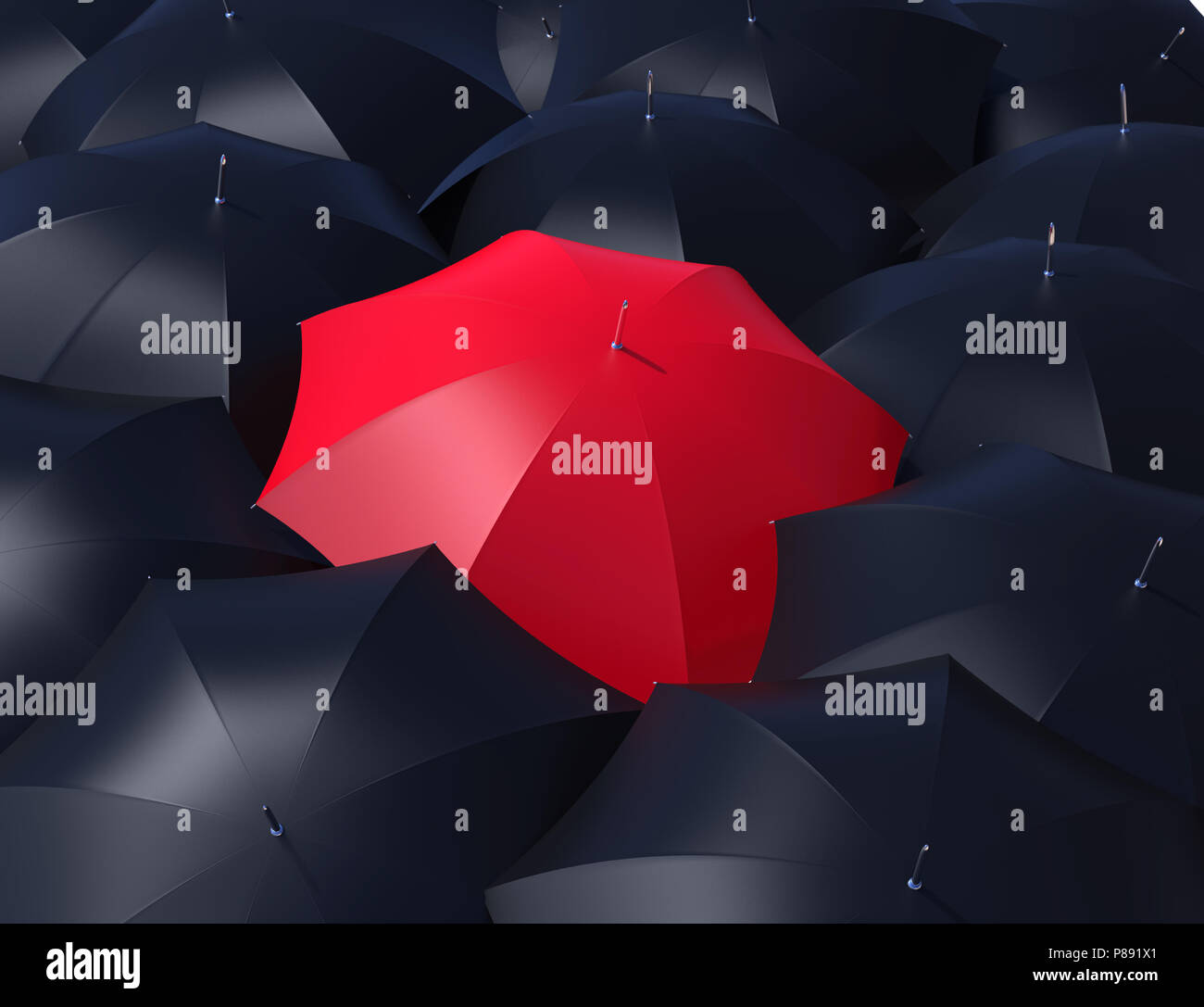 Red umbrella outstanding from black umbrellas Stock Photo Alamy