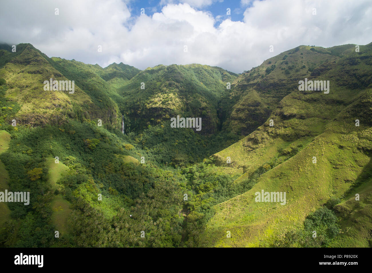 Valley with Waterfall in the Distance, Fatu Hiva Stock Photo
