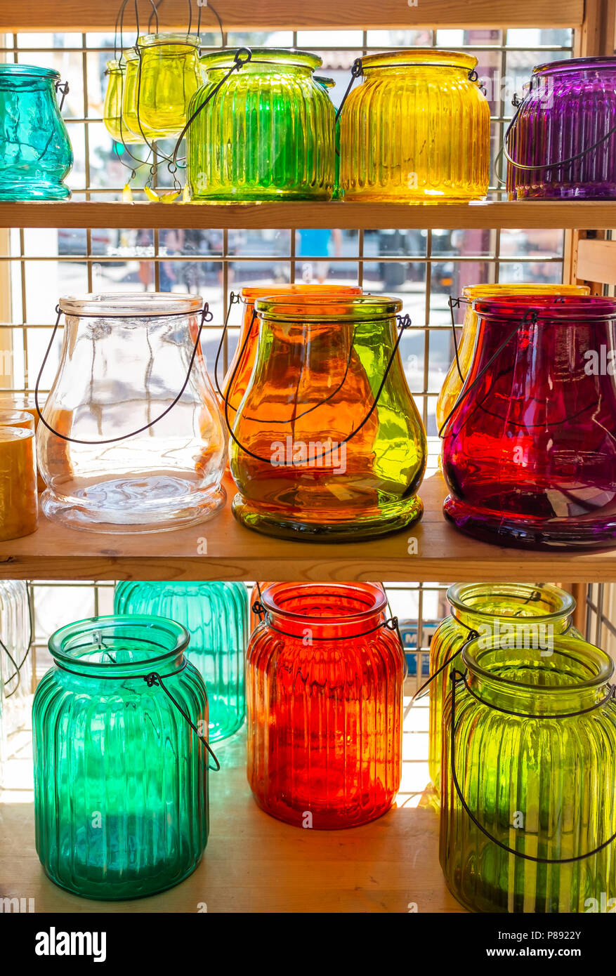 An assortment of glass jars on display at a Farmer's Market in California Stock Photo Alamy
