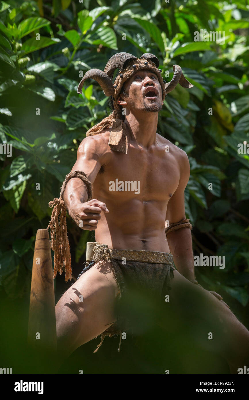 Cultural Performance by Men on Ua Pou, Marquesas Islands Stock Photo