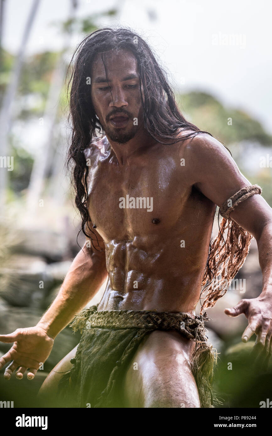 Cultural Performance by Men on Ua Pou, Marquesas Islands Stock Photo