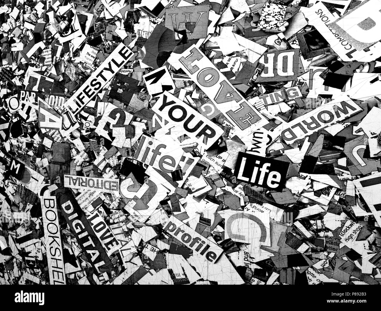 Random words and letters love your life solarized monochrome scratched Stock Photo