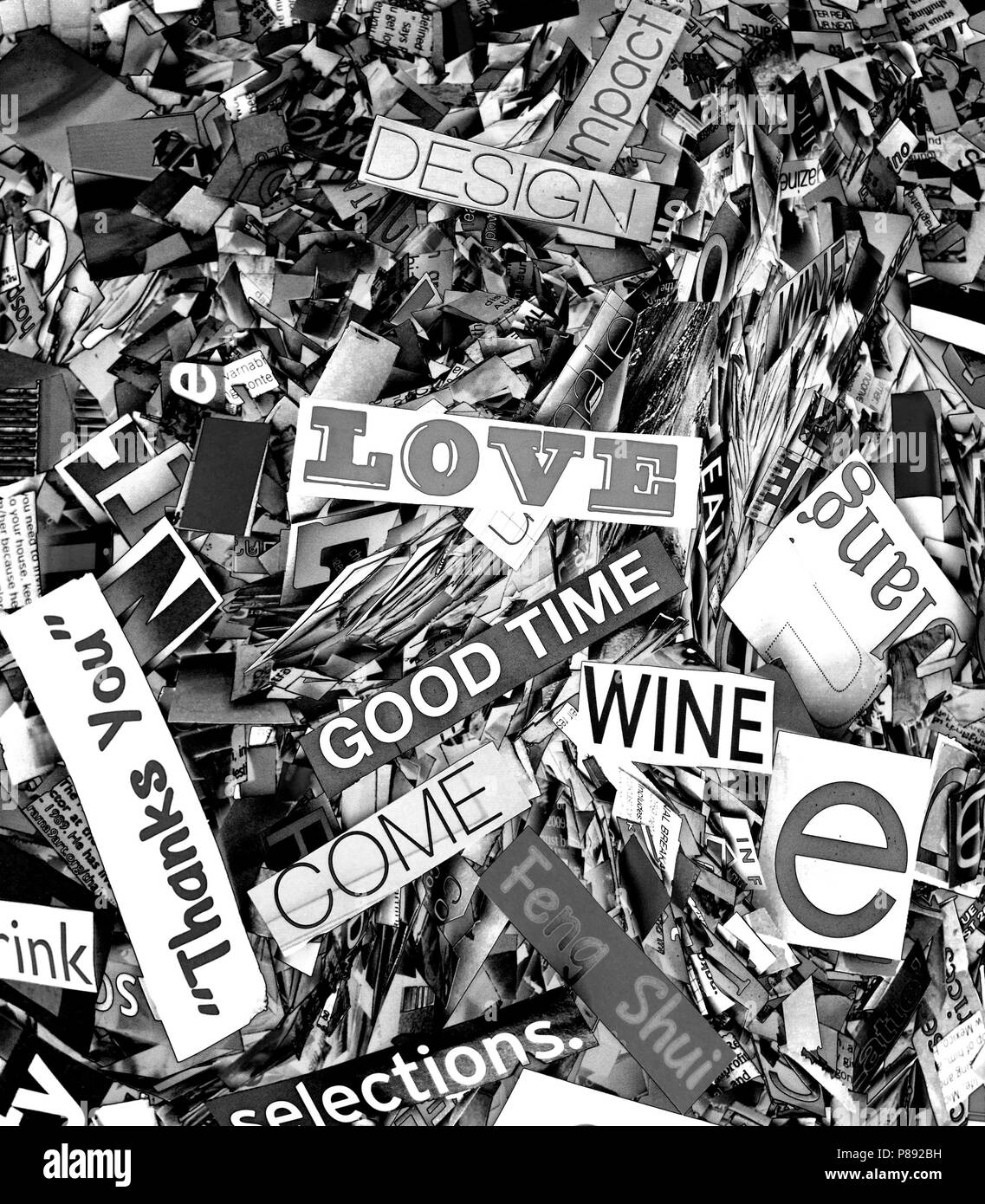 Random words and letters magaazine in solarized monochrome  love come wine thanks Stock Photo
