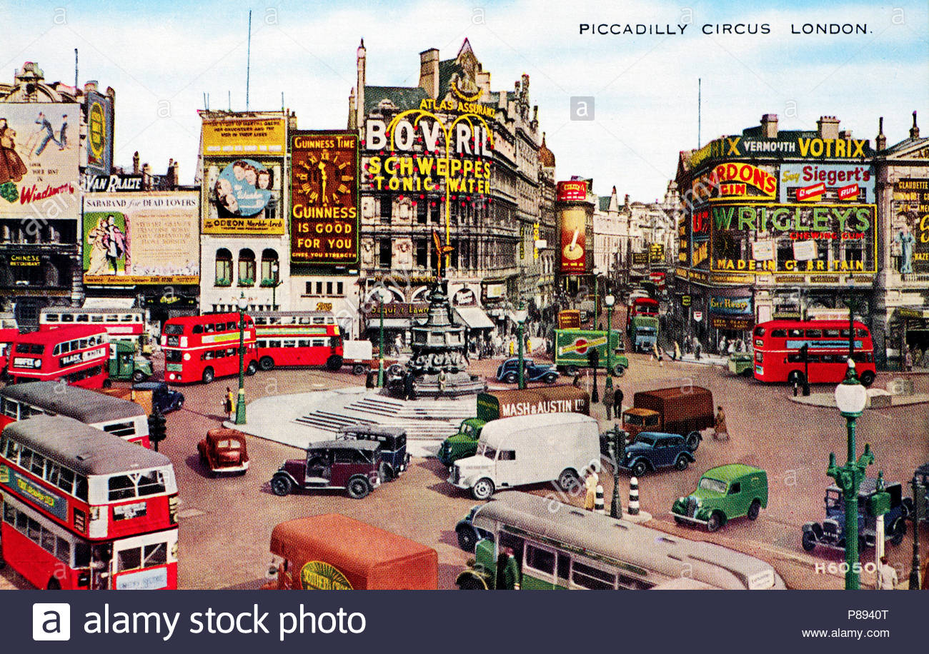 Piccadilly Circus London, vintage postcard from 1948 Stock Photo