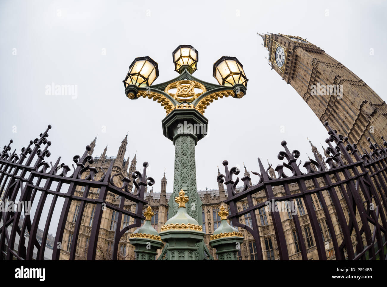 Distorted view of Big Ben and Houses of Parliament in London from looking up and using a wide angle lens Stock Photo