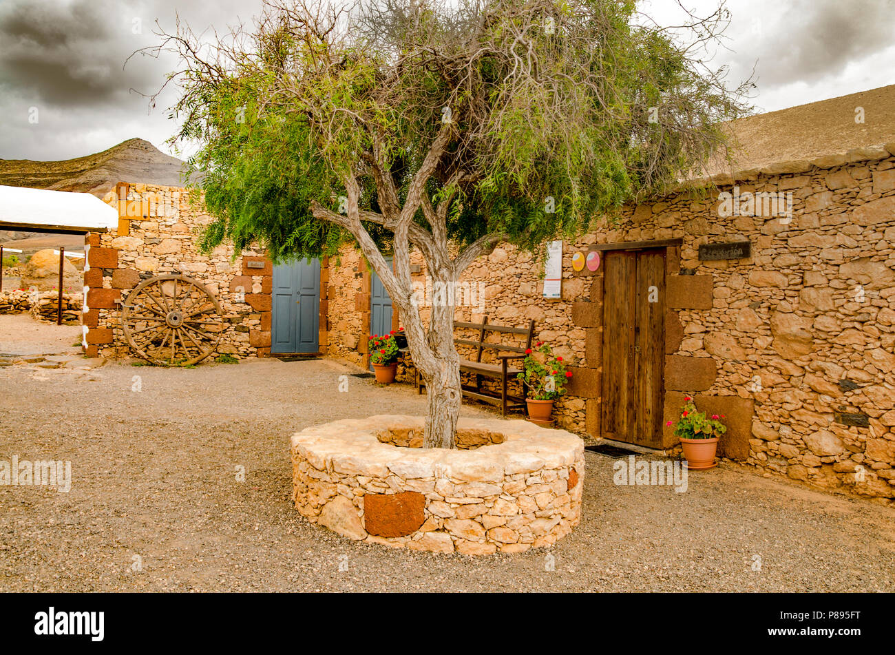 Tindaya, Fuerteventura, Canary Islands, Spain; May 21, 2018 - aloe vera farm main building built in traditional Canarian style open for tourists Stock Photo