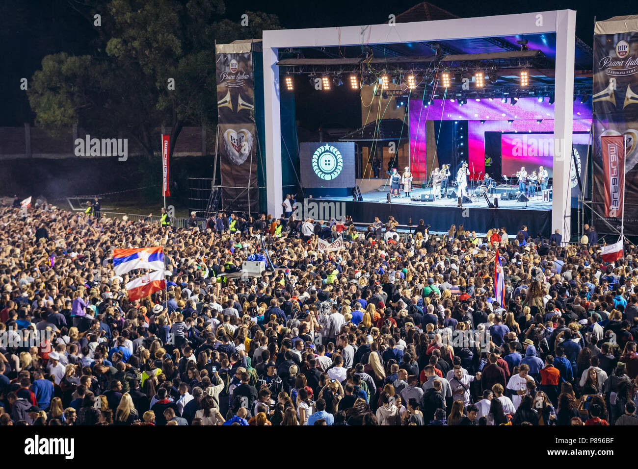 Final concert of Bijelo Dugme band during famous annual Trumpet Festival in Guca village, Serbia, also known as Dragacevski Sabor, 2017 Stock Photo