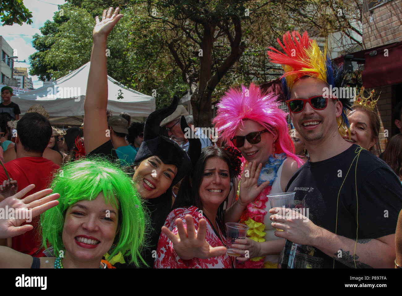 Sao Paulo, Brazil - February 3, 2018: An unidentified group of happy Brazilian people celebrating carnival at street block in Sao Paulo. Stock Photo