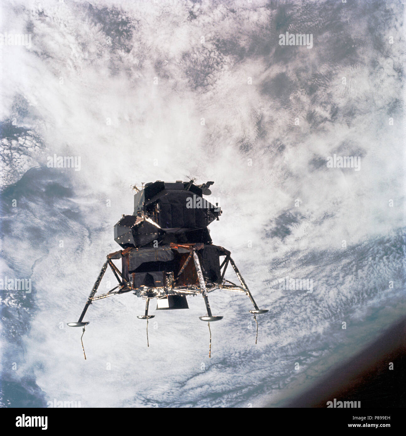 Apollo 9 Lunar Module, Spider, in a lunar landing configuration, as photographed from the Command and Service Modules on the fifth day of the Apollo 9 Earth-orbital mission. Stock Photo