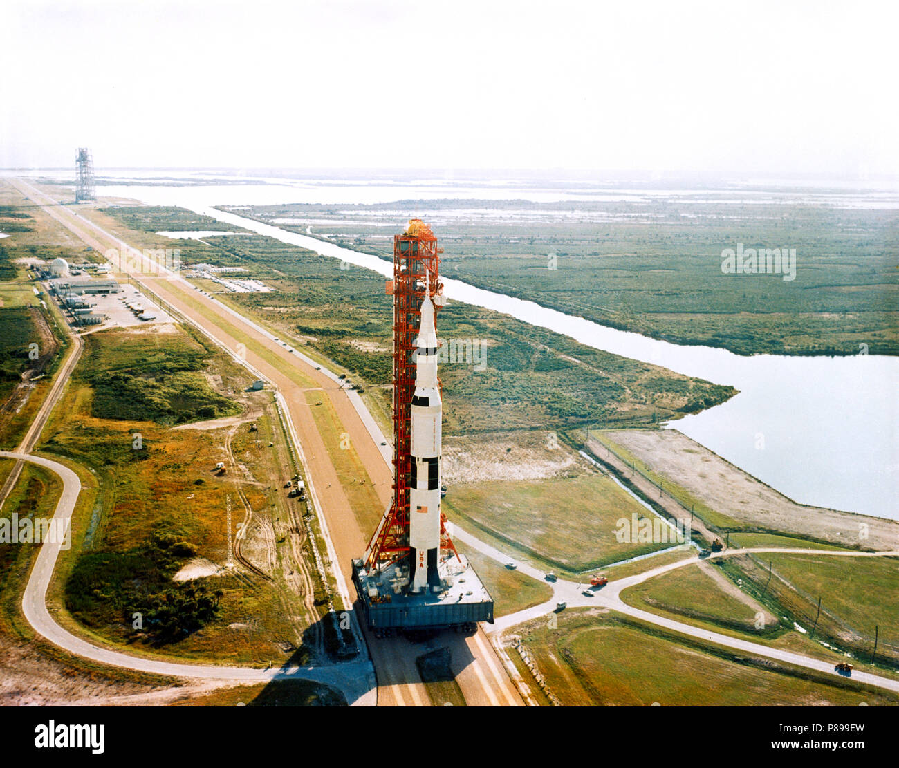 Apollo 8 (Spacecraft 103Saturn 503) space vehicle on way from Kennedy Space Center's (KSC) Vehicle Assembly Building (VAB) to Pad A, Launch Complex 39. On Top of a crawler Stock Photo