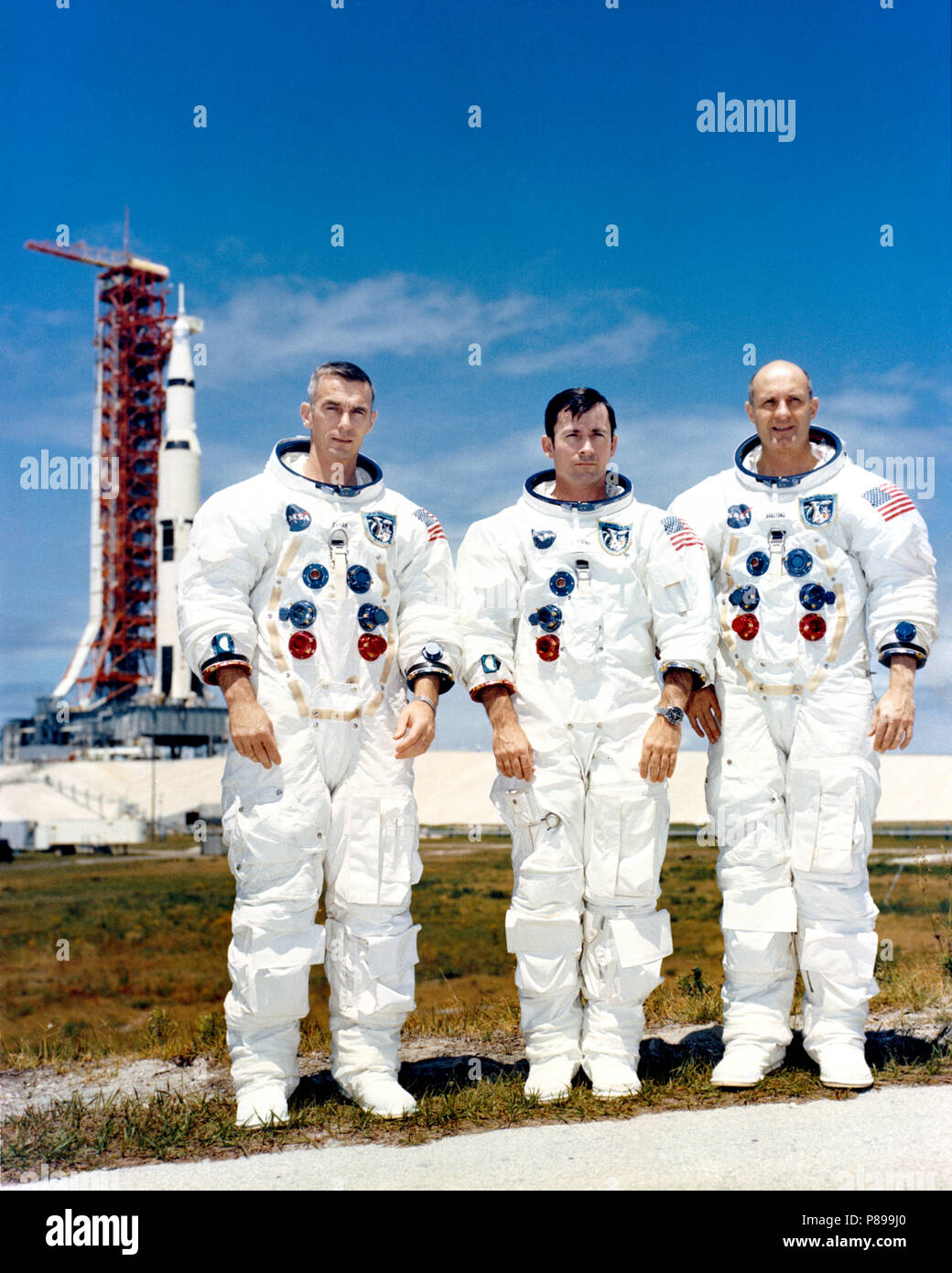 Prime crew of Apollo 10 sits for photo while at Kennedy Space Center for preflight training. L to R are astronauts Eugene A. Cernan, John W. Young, and Thomas P. Stafford, commander Stock Photo