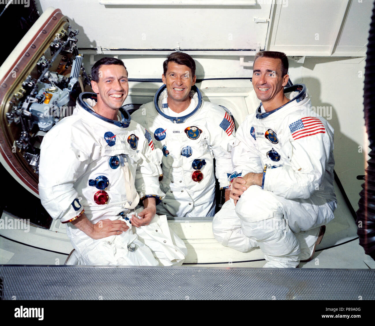 Prime crew of the first manned Apollo space mission, Apollo 7 (Spacecraft 101Saturn 205), L to R are Donn F. Eisele, Walter M. Schirra Jr. and Walter Cunningh Stock Photo