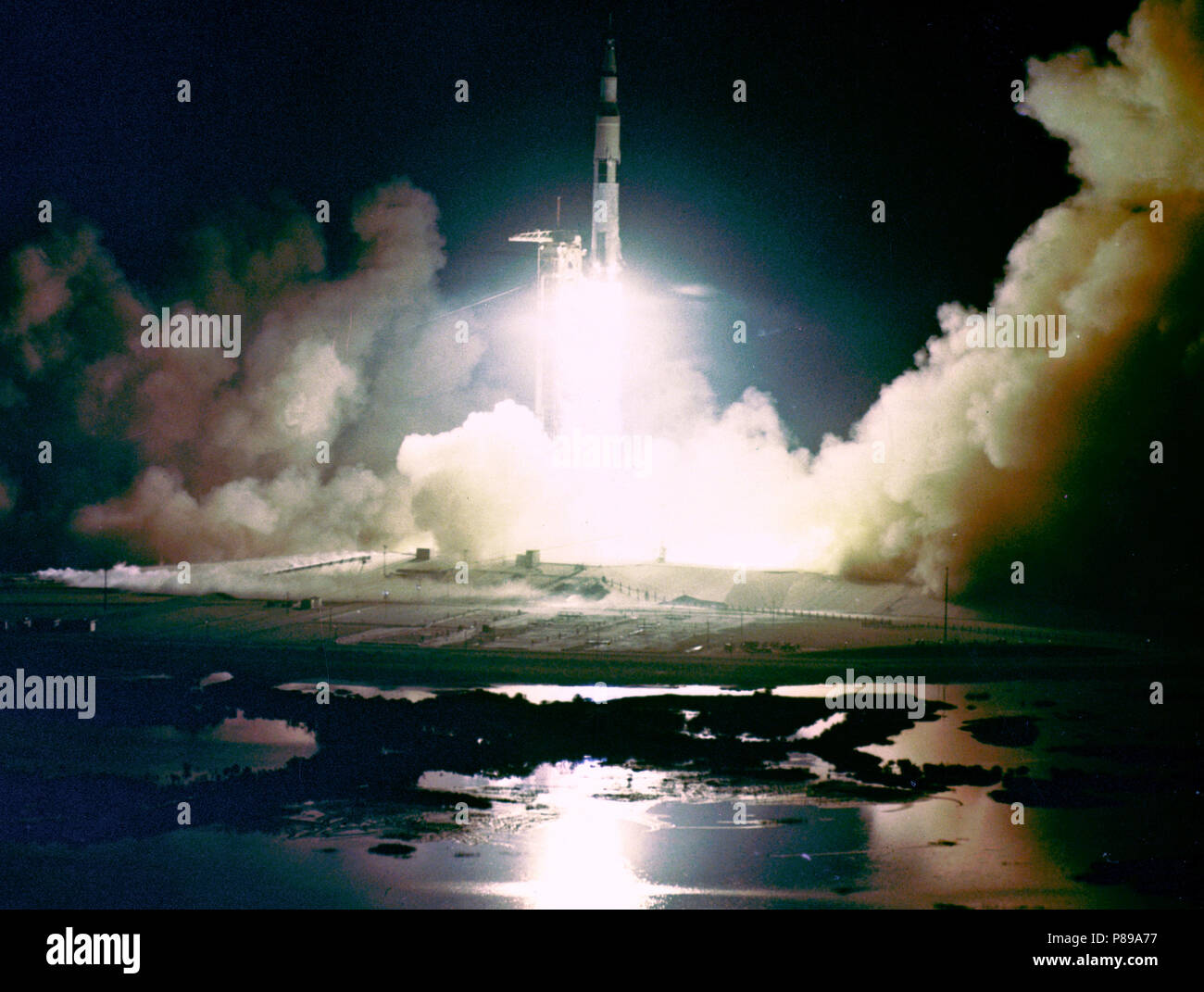 Liftoff of the Apollo 17 Saturn V Moon Rocket from Pad A, Launch Complex 39, Kennedy Space Center, Florida, at 12:33 a.m., December 7, 1972. Apollo 17, the final lunar landing mission, was the first night launch of a Saturn V rocket. Stock Photo