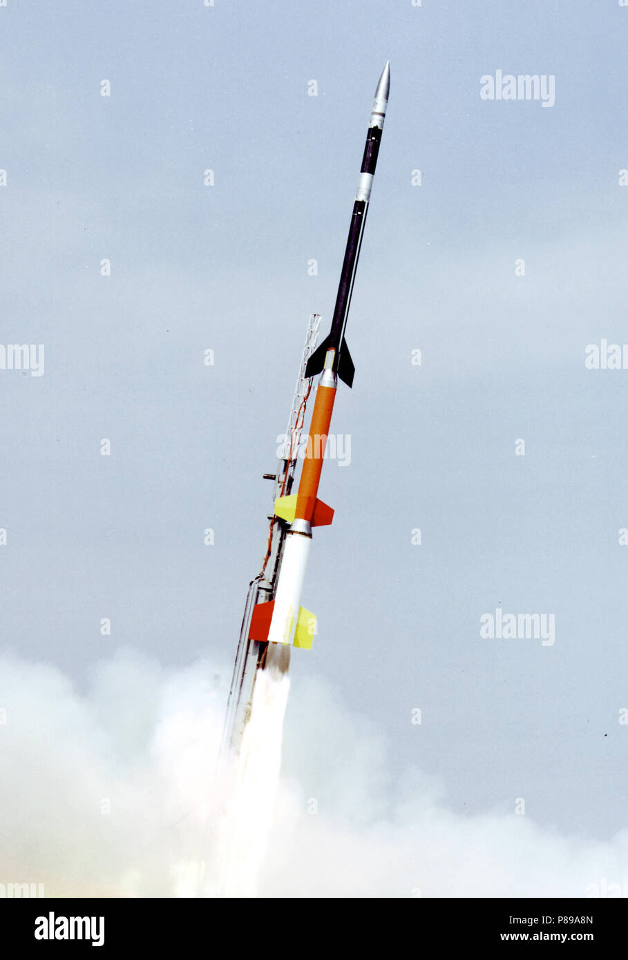 The four-stage Black Brandt shown here blasting off from a launch pad at the Wallops Island Flight Facility in rural Virginia is at 66 feet (20 meters), the tallest of NASA's 13 sounding rockets. Stock Photo
