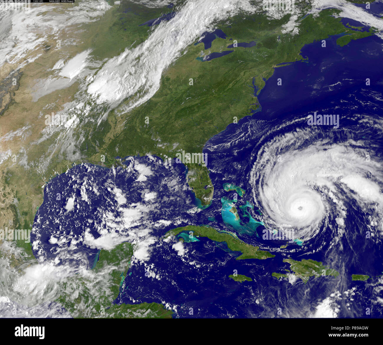 NASA GOES 13 satellite image showing the US east coast and Hurricane Earl on September 1, 2010 13:10 UTC. Stock Photo