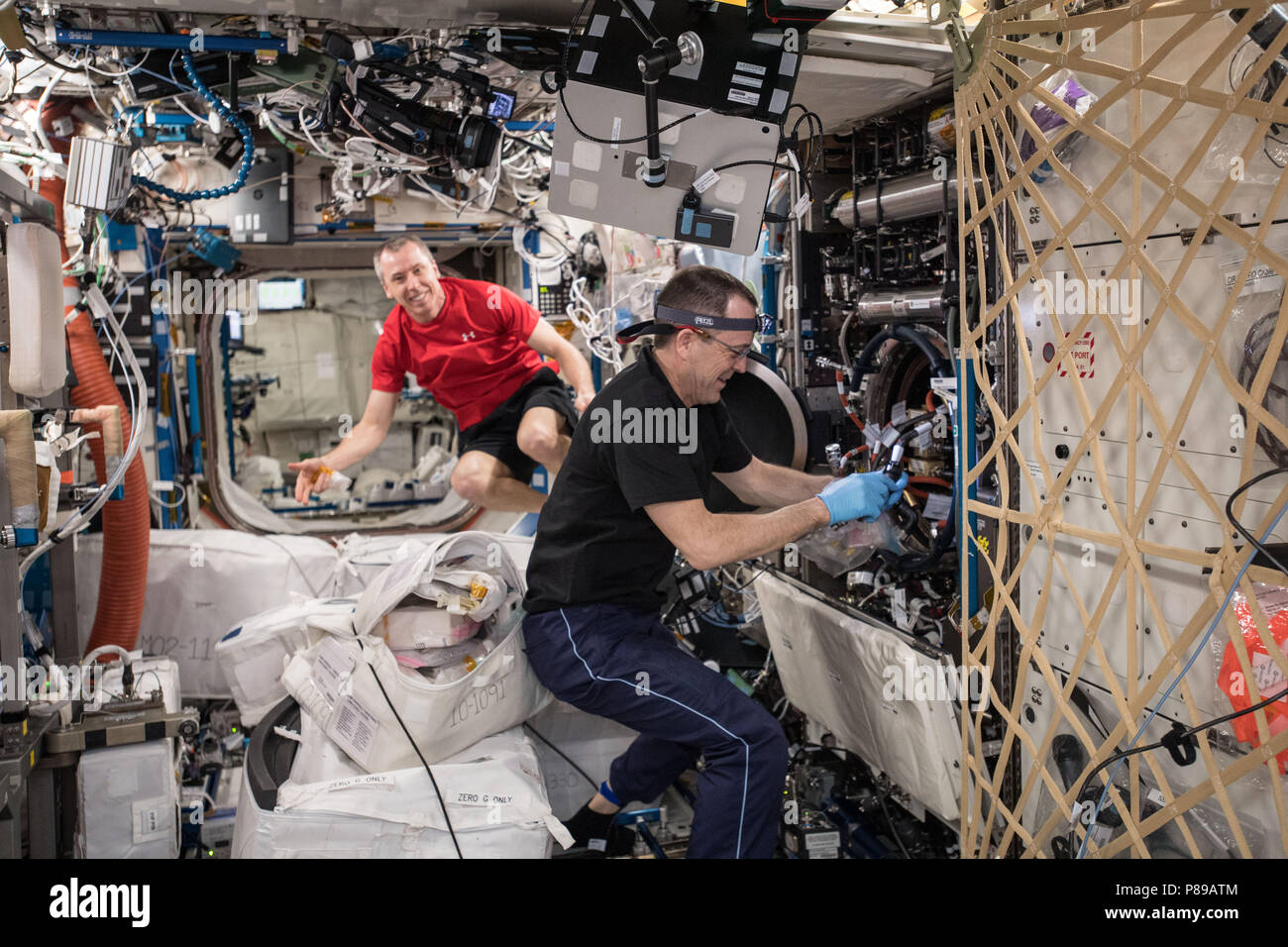 NASA astronauts Ricky Arnold, foreground, and Drew Feustel performs maintenance inside the Combustion Integrated Rack to set up the Advanced Combustion via Microgravity Experiments in the International Space Station June 19, 2018 in Earth Orbit. Stock Photo