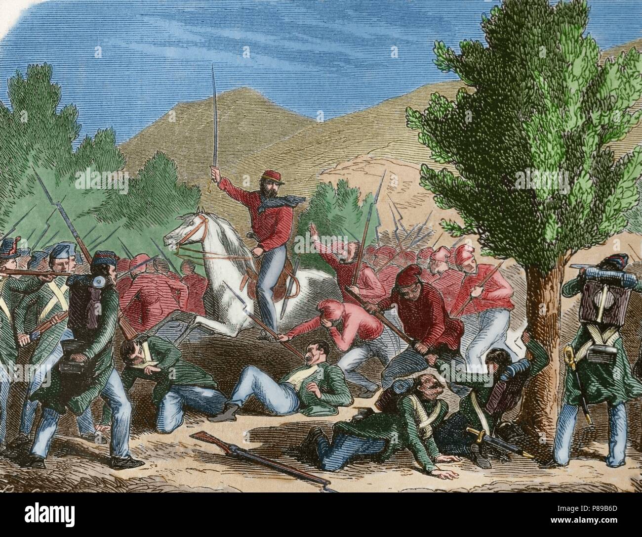Italian unification (1859-1924). The Expedition of the Thousand. The Battle of Volturnus or Volturno (1860) between Giuseppe Garibaldi's volunteers (Red shirts) and Hungarian veterans and the troops of the Kingdom of the Two Sicilies, ruled by the Bourbons.'L'Illustration' (1860). Engraving. Colored. Stock Photo