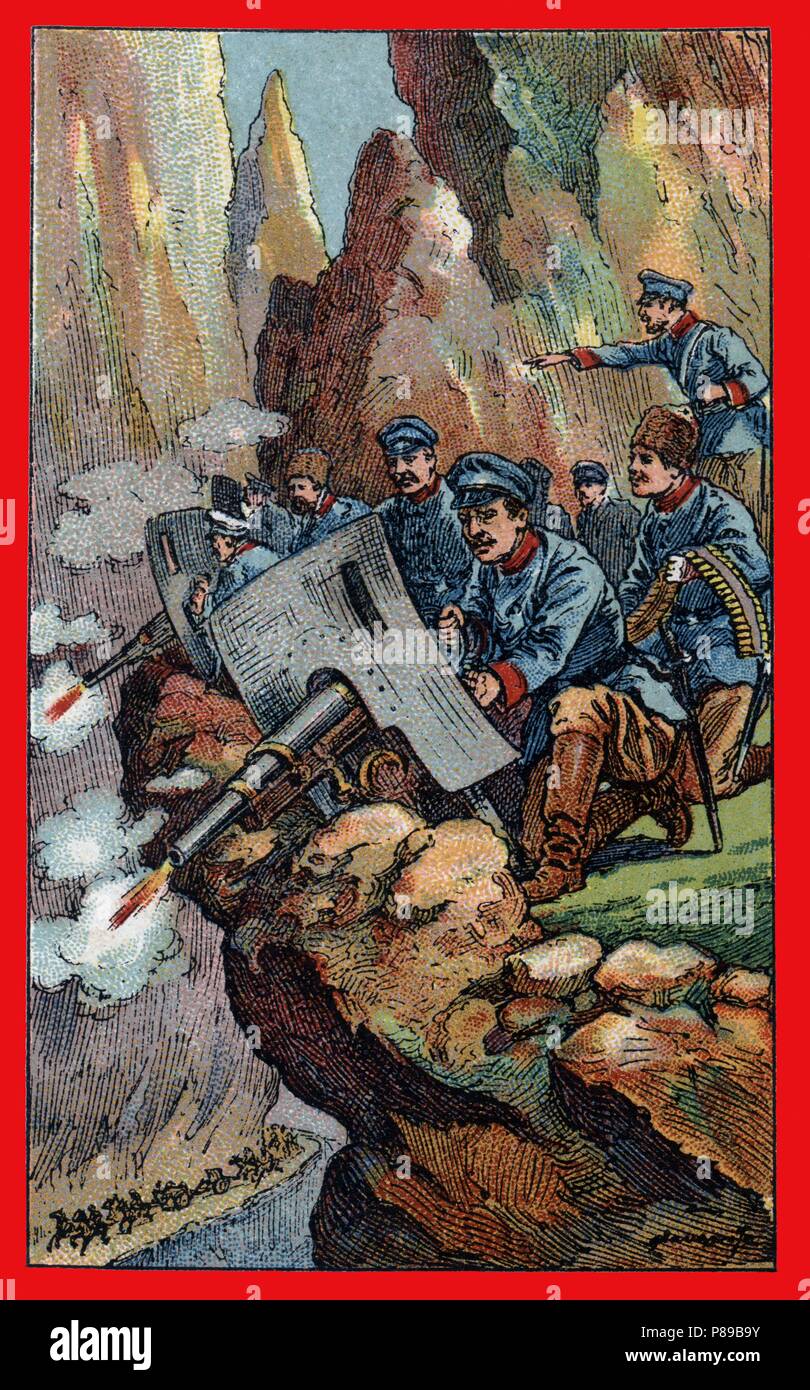 Primera guerra mundial (1914-1918). Ametralladoras rusas protegiendo el paso de un desfiladero. Stock Photo