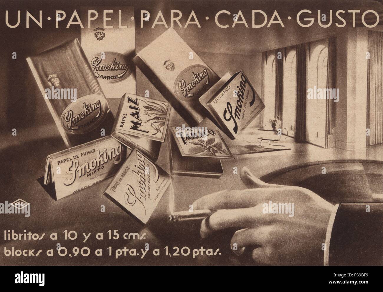 Publicidad. Librillos de papel de fumar Smoking. Año 1935 Stock
