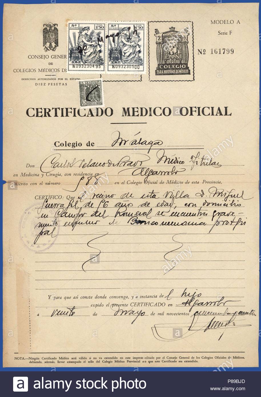 spain official medical certificate issued in malaga in 1944 medical certificate for patient