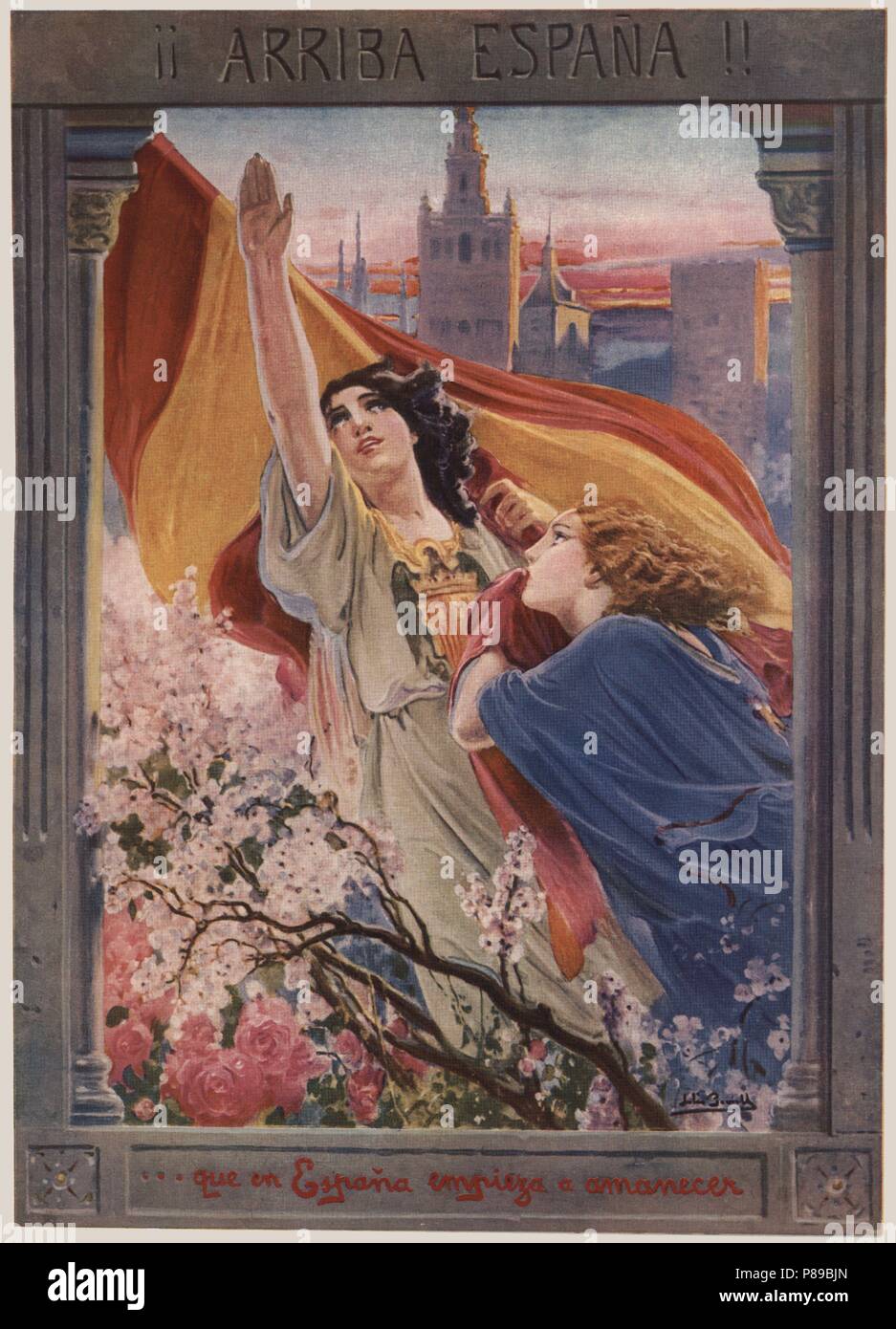 Cartel alegórico del alzamiento nacional de España. Figura femenina saludando con el brazo en alto y el escudo de España en su pecho. Año 1940. Stock Photo