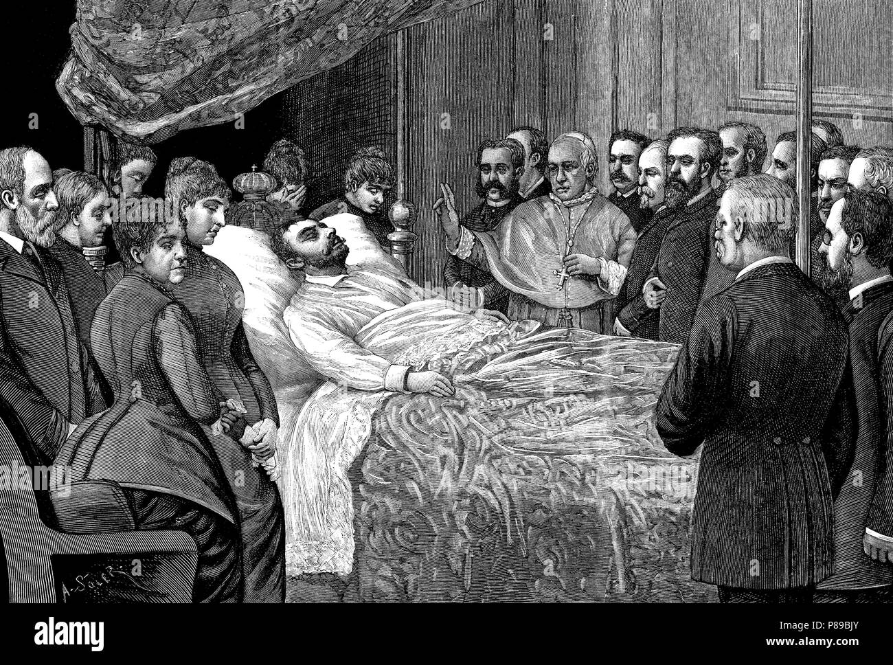 España. El rey Alfonso XII (1857-1885) en su lecho de muerte el 25 de noviembre de 1885. Grabado de 1885. Stock Photo