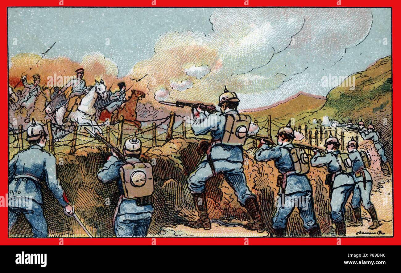 Primera guerra mundial (1914-1918). Soldados alemanes defienden una trinchera ante el ataque de cosacos rusos. Stock Photo