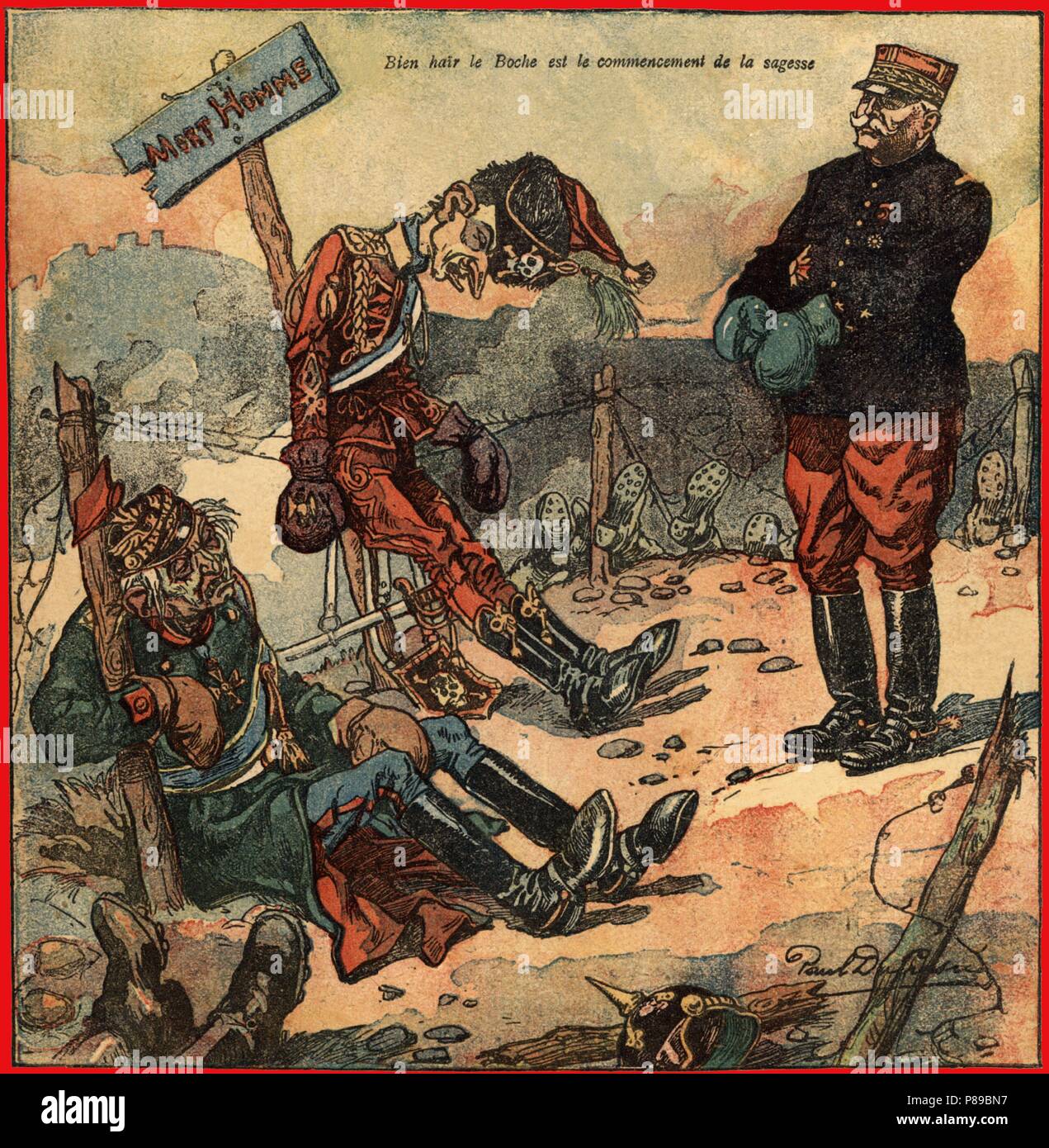 Primera guerra mundial (1914-1918). Batalla del Marne, Francia. El Mariscal Joseph Joffre (1852-1931) ante unos prisioneros alemanes. Caricatura. Año 1914. Stock Photo