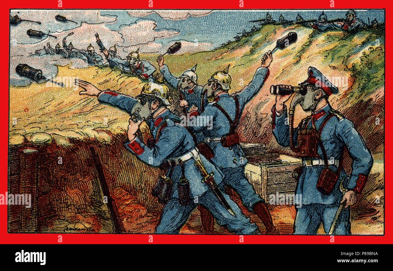 Primera guerra mundial (1914-1918). Lanzamiento de bombas asfixiantes por las tropas austríacas. Stock Photo