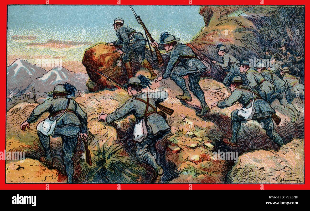 Primera guerra mundial (1914-1918). Los bersaglieri atacan una posición austríaca en Montfalcone. Stock Photo