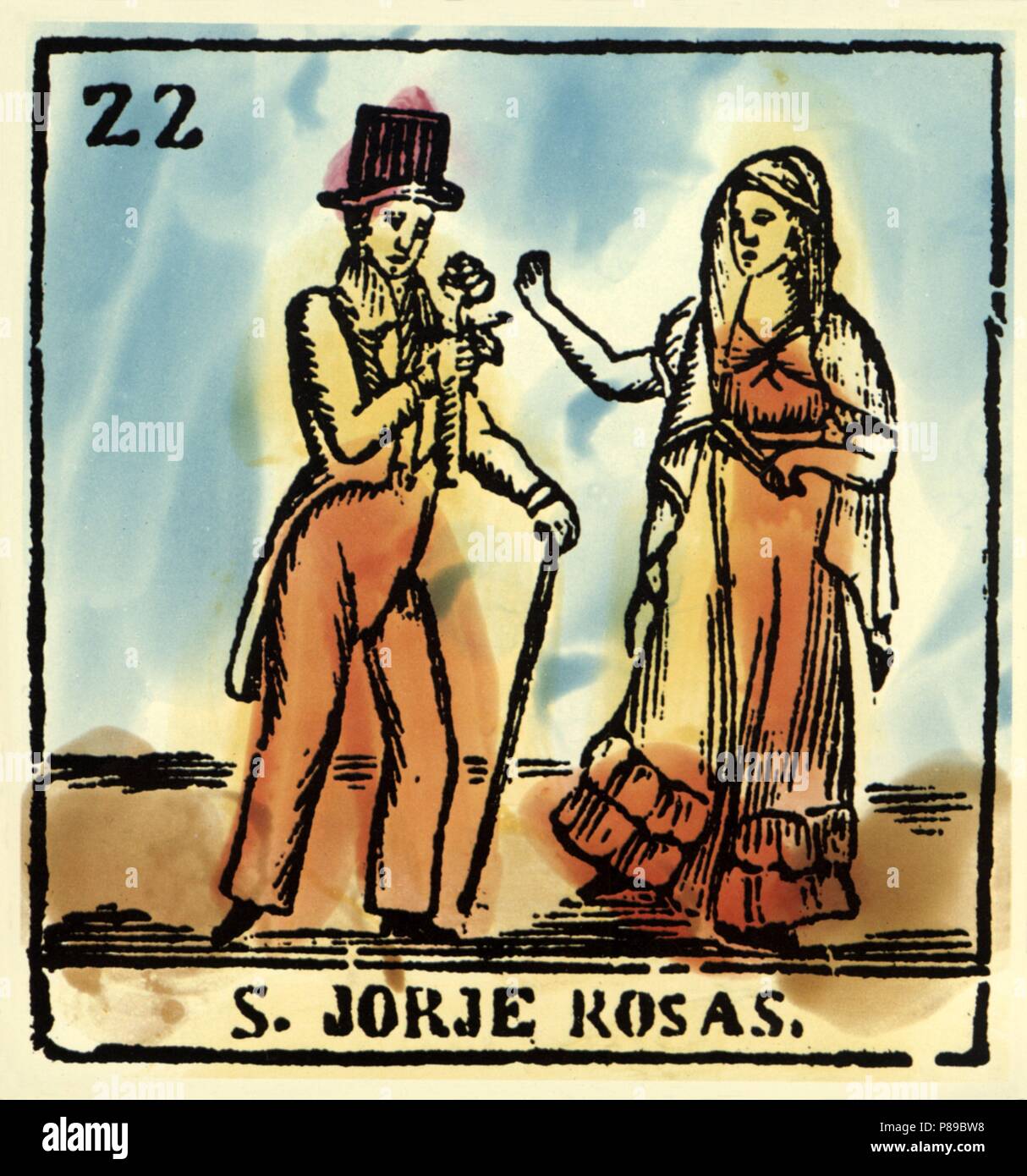 Catalunya. Fiestas y tradiciones populares. San Jorge. Día de la rosa. Grabado coloreado del siglo XIX. Stock Photo