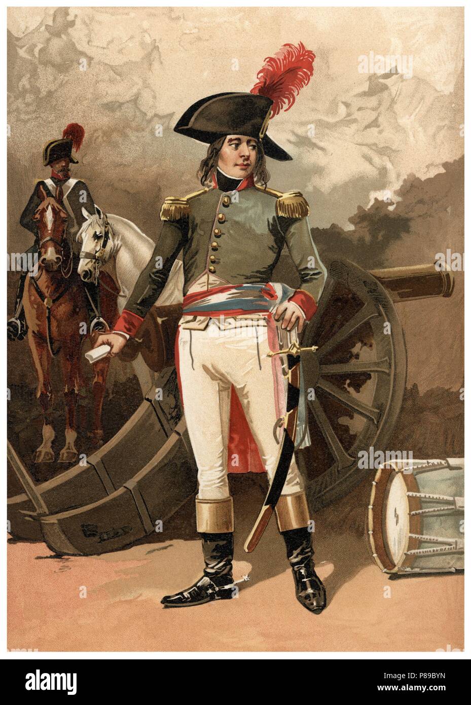Charles-François Dumouriez (1739-1823), general y político francés, de pié ante un cañón de artillería. Grabado de 1896. Stock Photo