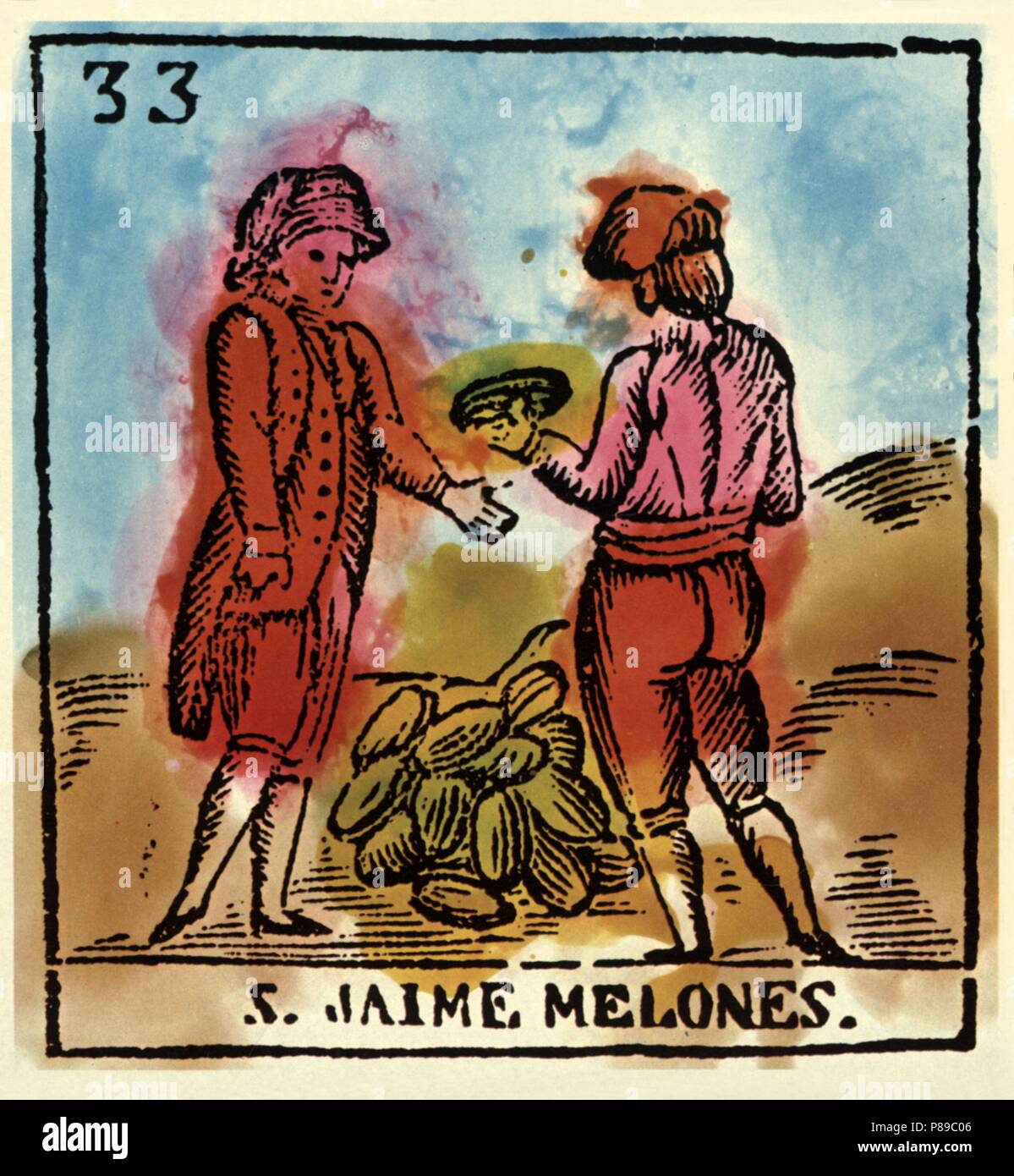 Catalunya. Fiestas y tradiciones populares. La festividad de San Jaime, coincide con la época de recolección de melones. Grabado coloreado del siglo XIX. Stock Photo