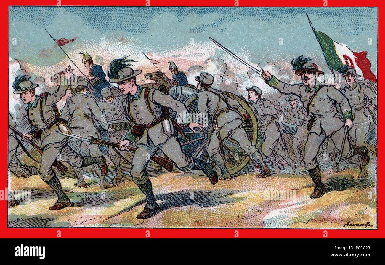 Primera guerra mundial (1914-1918). Los famosos bersaglieri italianos atacando a la bayoneta. Stock Photo