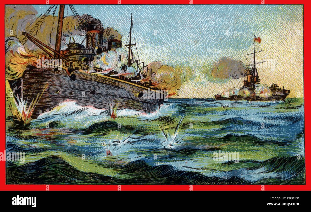 Primera guerra mundial (1914-1918). Combate entre el crucero inglés Highflyer y el corsario alemán Kaiser Wilhelm. Años 1920. Stock Photo