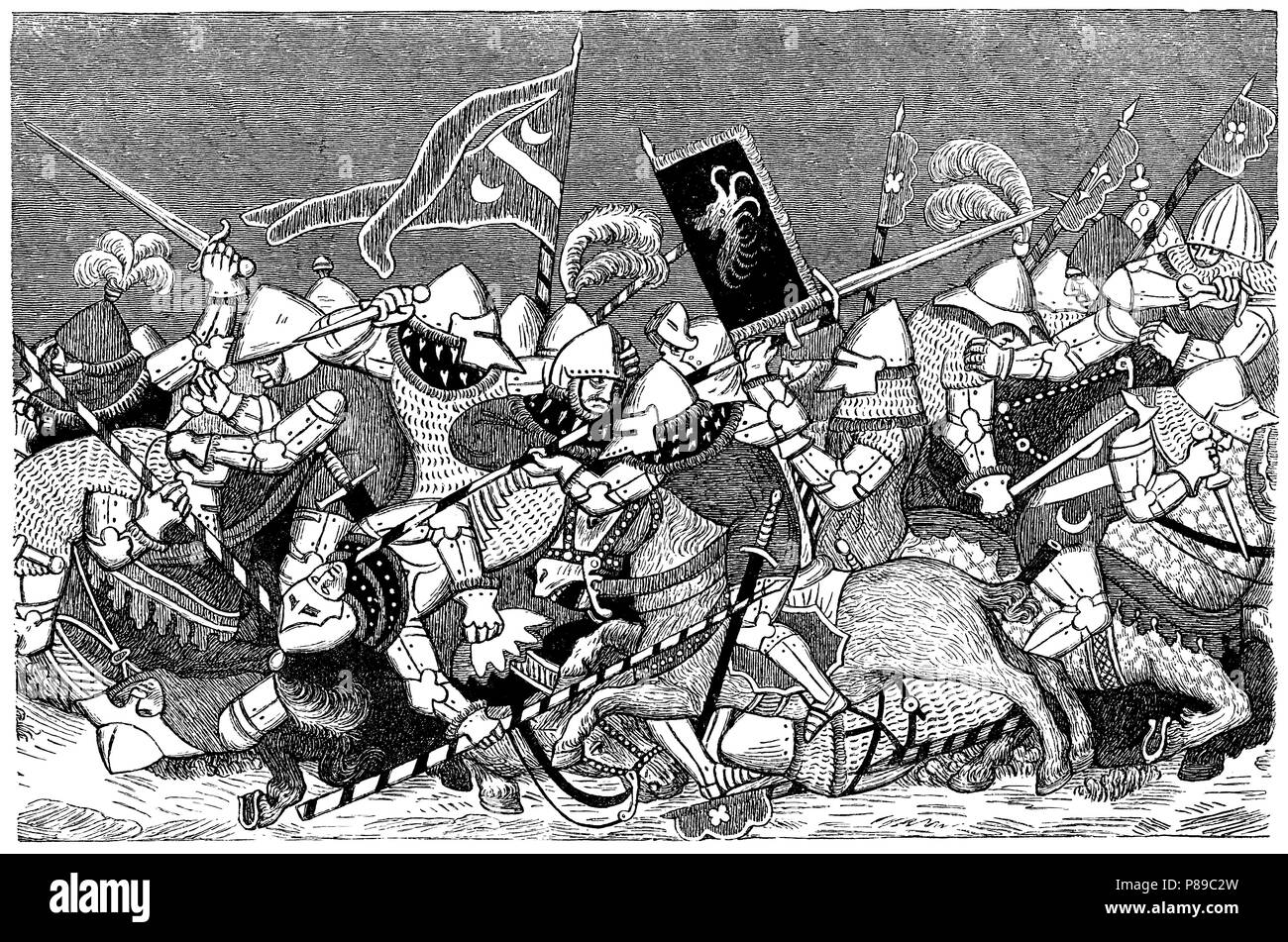 Historia. Batalla de Slag Bij Sempach en 1386 entre las tropas austríacas al mando del duque Leopoldo III de Habsburgo y la Antigua Confederación Suiza en 1386 con victoria de éstos últimos. Grabado de 1906. Stock Photo