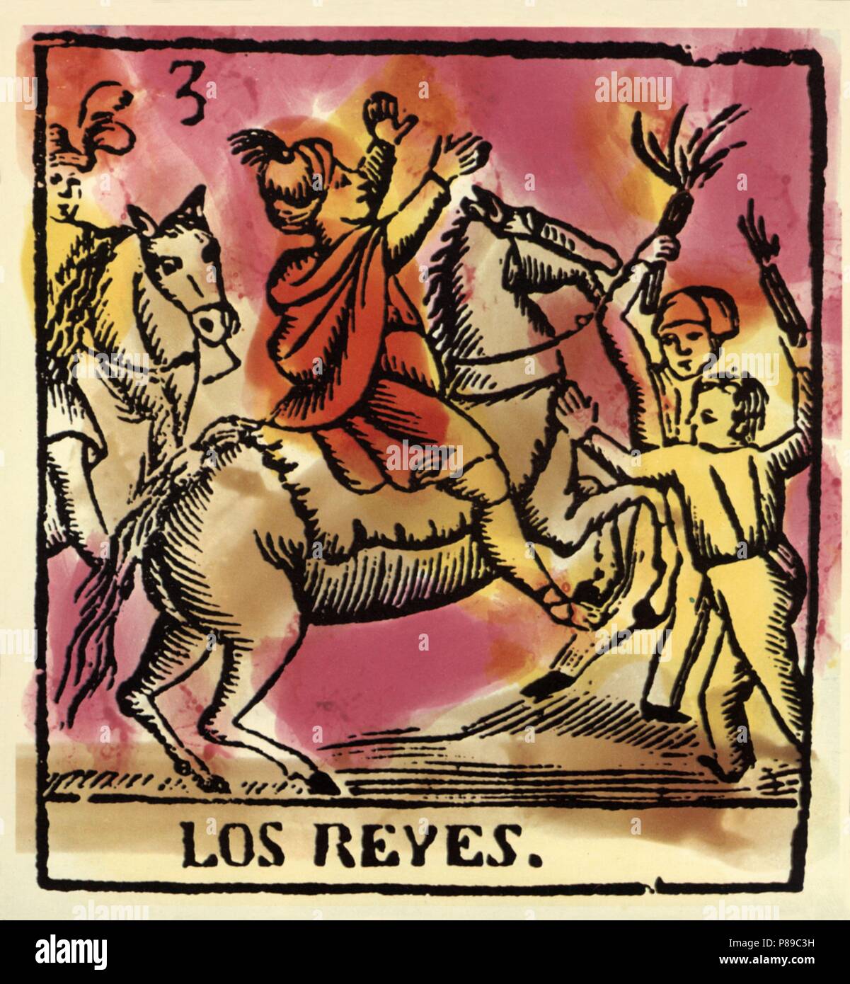 Catalunya. Fiestas y tradiciones populares. Festividad de los Reyes Magos. Grabado coloreado del siglo XIX. Stock Photo