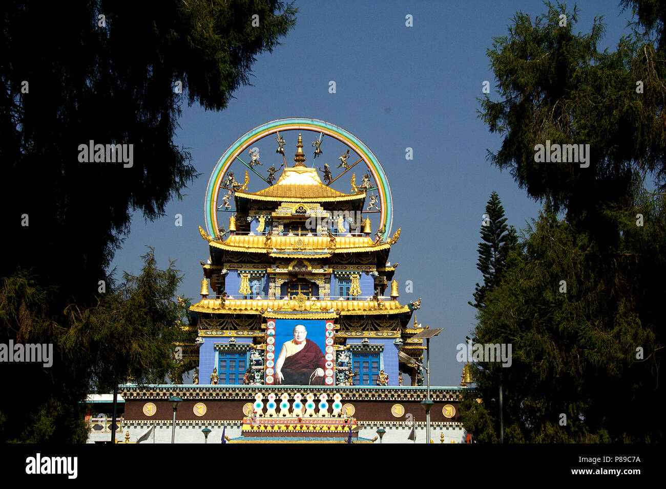 View of top portion of Namdroling Monastery at Bylakuppe, near Kushalnagar, Mysore District, Karnataka, India, Asia Stock Photo