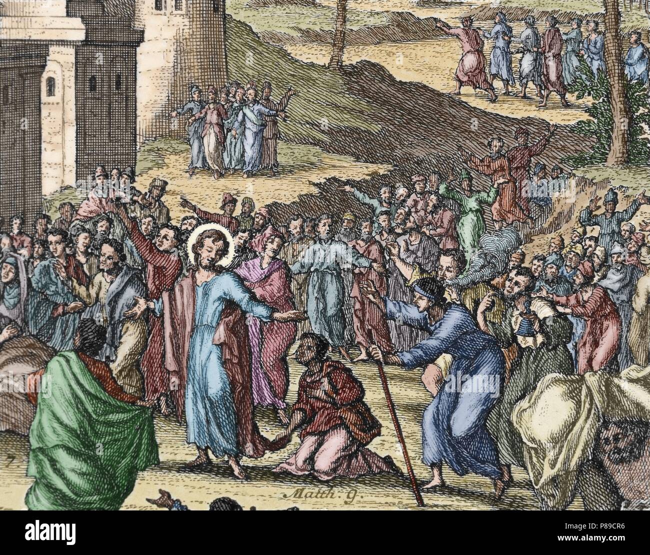 Jesus forgiving sins and healing a paralytic. Matthew, chapter 9. Engraving. Colored. Stock Photo