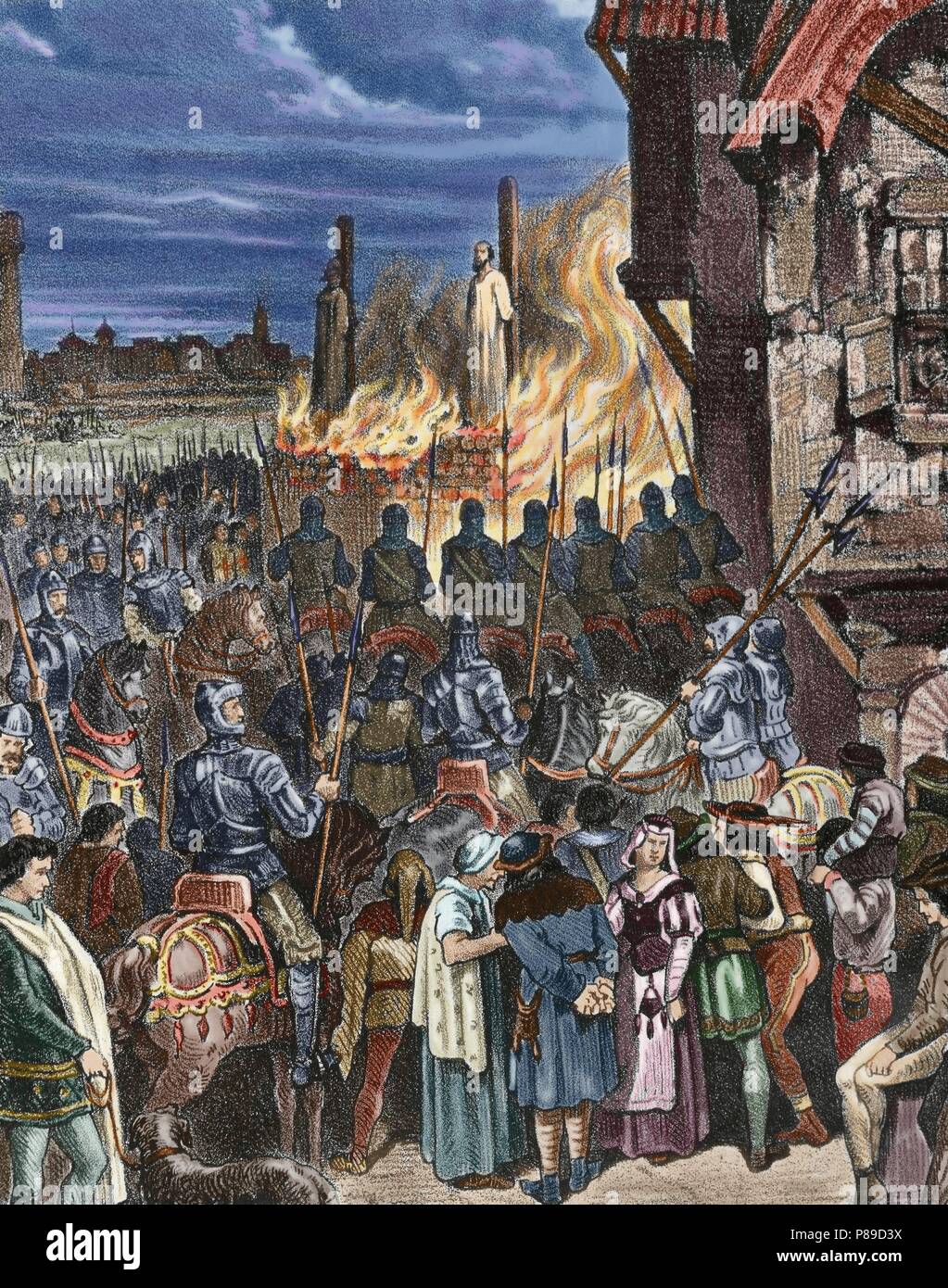 Burning of the Templars in France. Paris. Jacques de Molay (c.1240-1244-1314), Grand Master of the Order of the Temple, and Geoffroi de Charney, preceptor in Normandy, are burned at the stake accused of heresy by Pope Clement V March 18, 1314. Engraving. Colored. Stock Photo