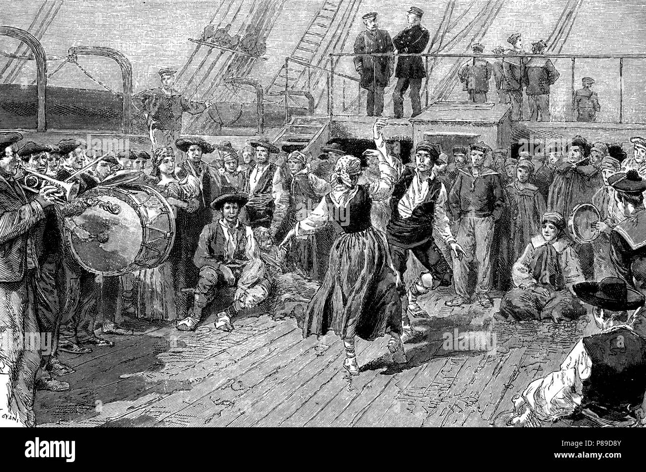 Emigrantes españoles a bordo del barco que les transporta a Uruguay. Grabado de 1887. Stock Photo