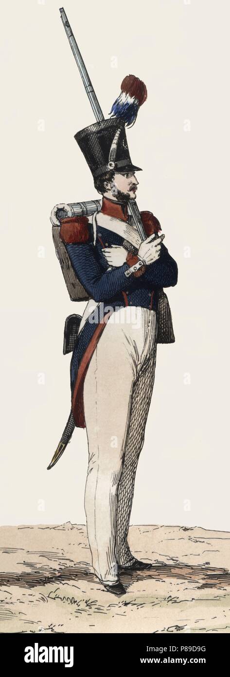 Francia. Uniforme militar. Cazador de la Guardia Nacional en 1830. Grabado de 1850. Stock Photo